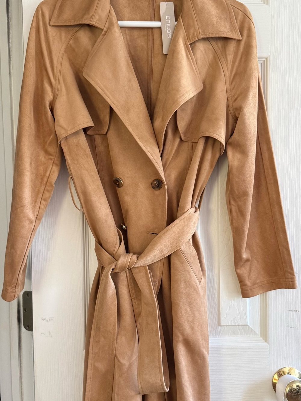 NWT Chico's Camel Tan Faux-Suede Trench Coat with Waist Tie